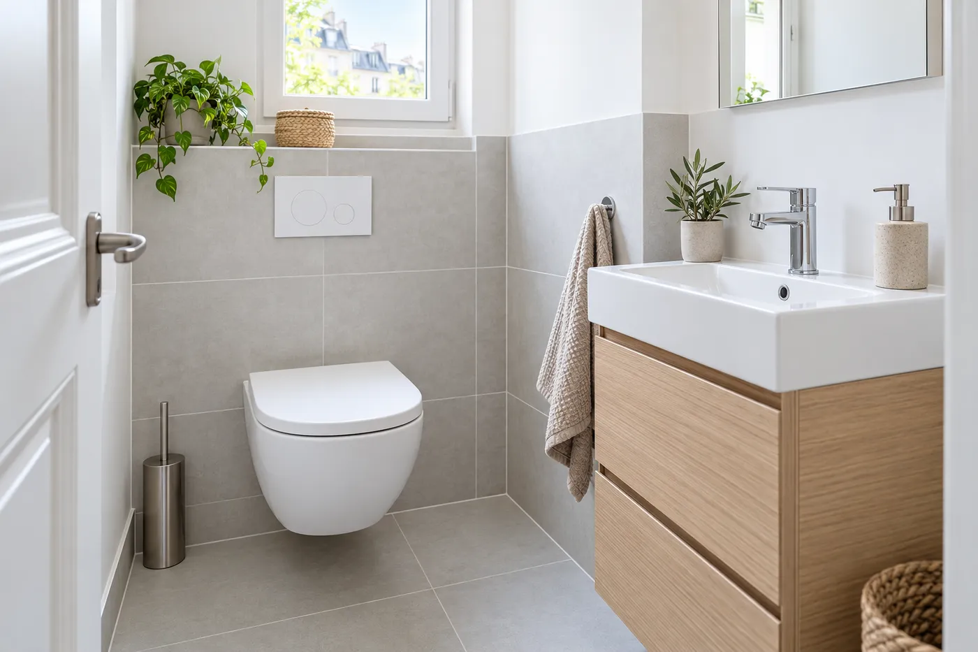 Salle de bain terminée avec WC suspendu, vasque et mitigeur chromé dans un appartement des Yvelines